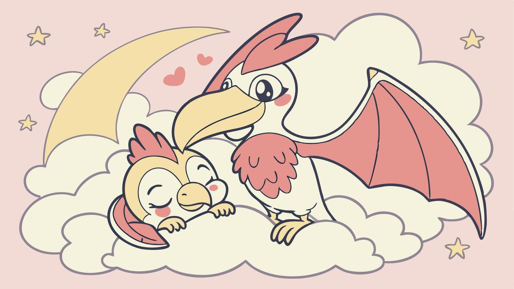 A cartoon bird and a baby bird sitting on clouds vector