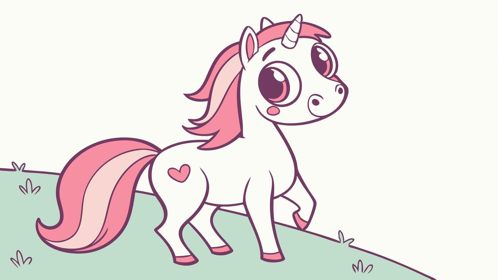 A cartoon unicorn with pink hair and a heart on its head vector