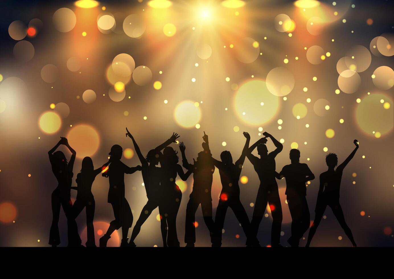 Silhouettes of people dancing on golden bokeh lights background vector