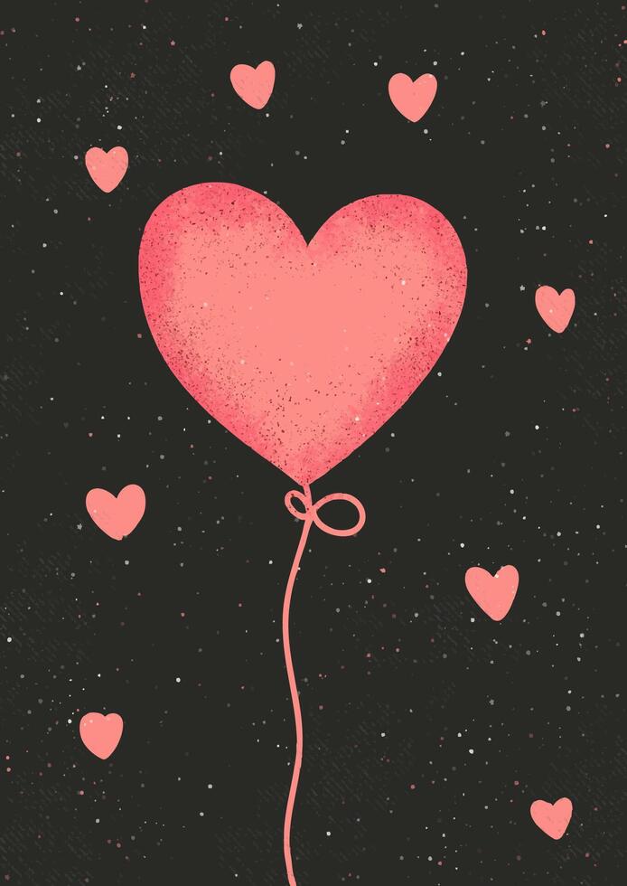 Grunge style hand drawn Valentines Day background with heart shaped balloon vector