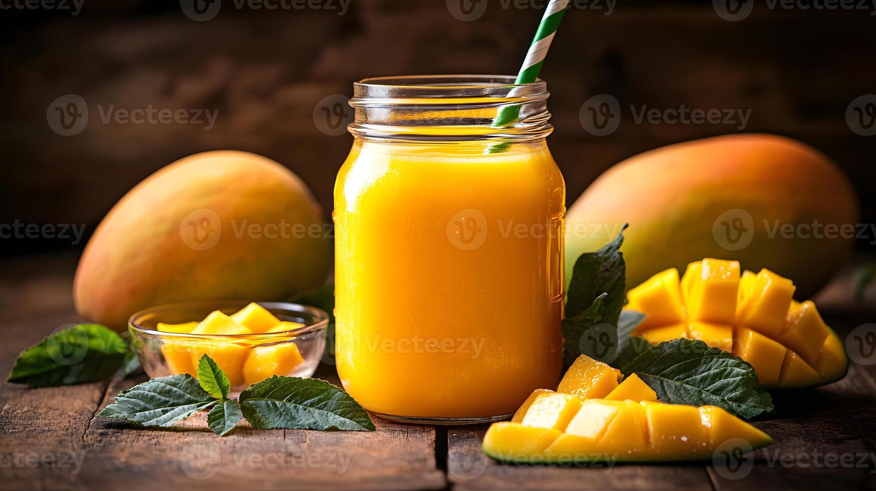 Mango smoothie in a glass with fresh mango on wooden table background photo