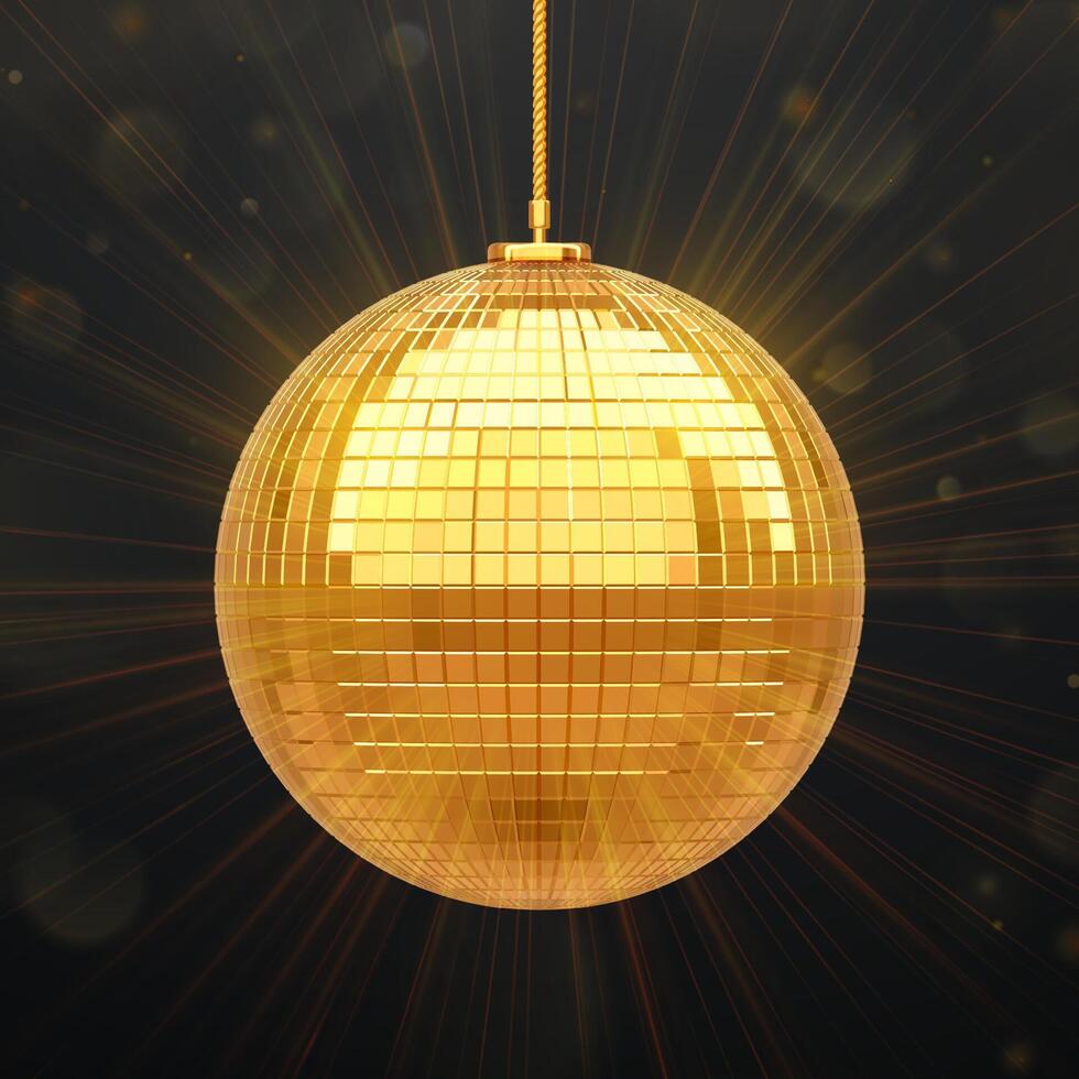 Gold disco ball. Bright glowing disco ball. Shiny mirror disco ball with sparkling reflections on black background for flyer, party invitation, New Year poster, celebration theme. vector