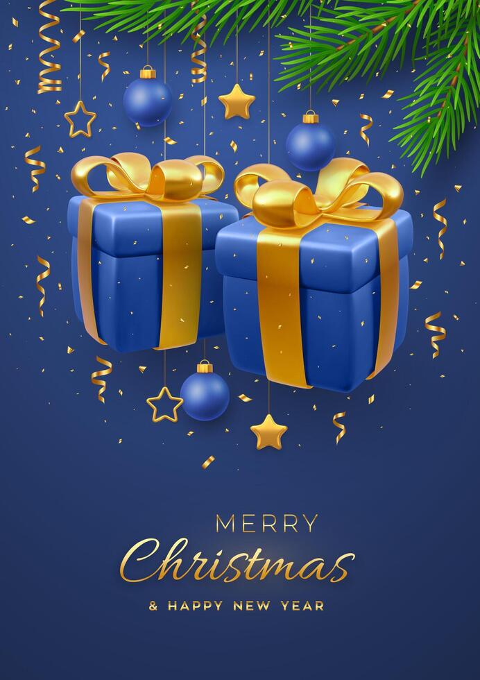 Christmas banner with 3D gift boxes with golden bows. Fir branches, gold metallic stars, balls on blue background. Merry christmas greeting card. Holiday Xmas and New Year poster. vector