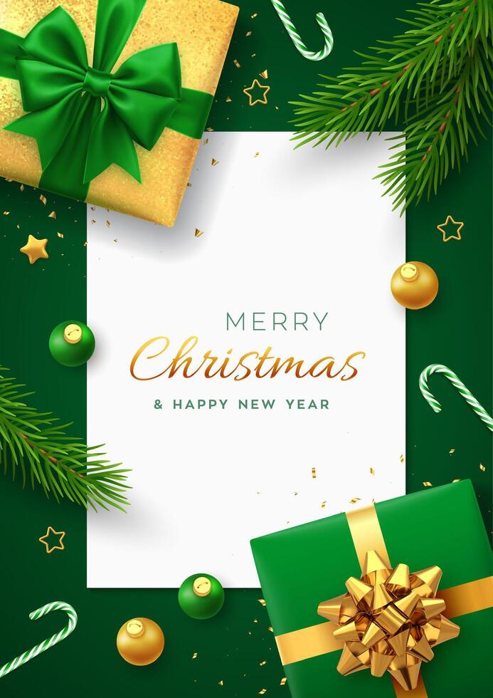 Christmas background with square paper banner, realistic green gift boxes with red and golden bows, pine branches, gold stars, glitter confetti, balls bauble. Xmas background, greeting cards. vector