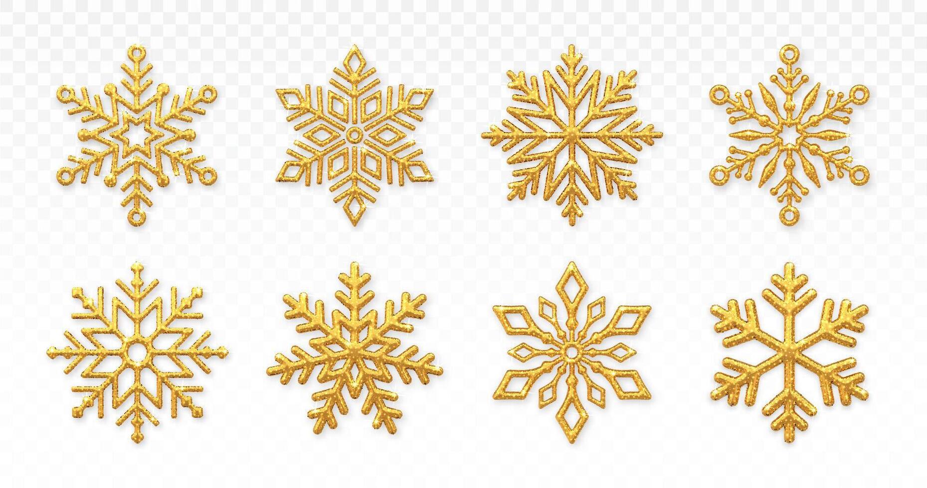 Gold Snowflakes set. Sparkling golden snowflakes with glitter texture isolated on transparent background. Merry Christmas and happy new year greeting card design element. vector