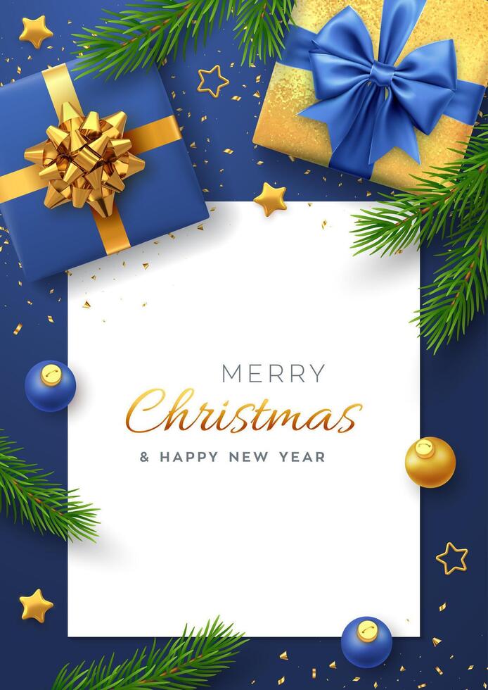 Christmas background with square paper banner, realistic gift boxes with blue and golden bows, pine branches, gold stars and glitter confetti, balls bauble. Xmas background, greeting cards. vector