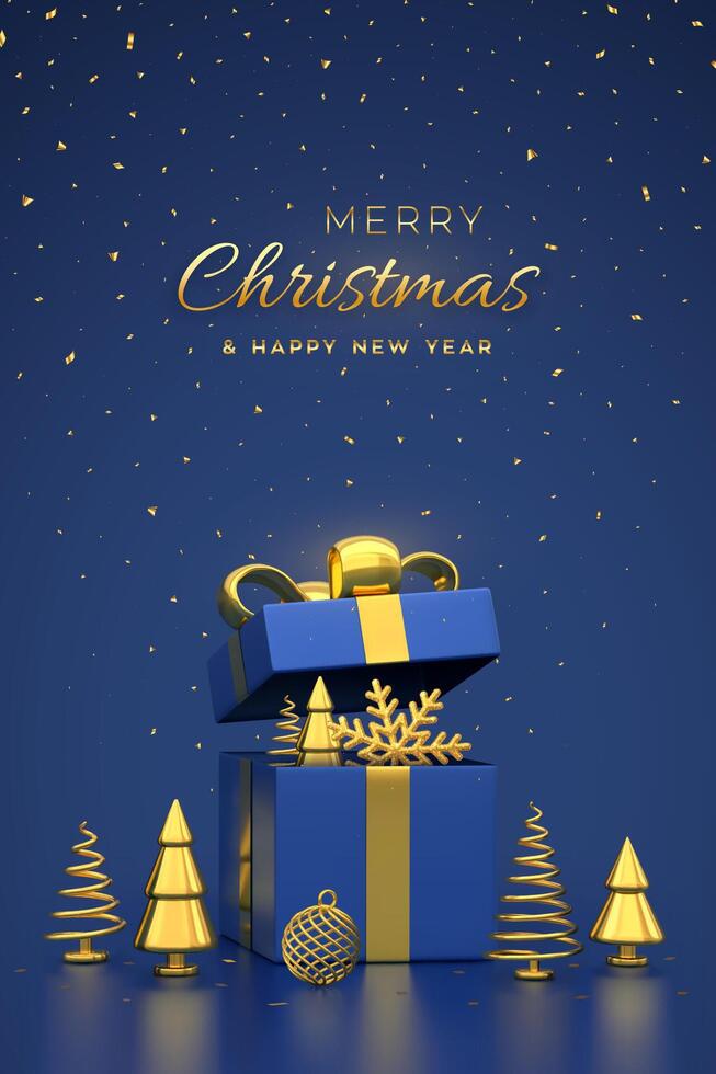 Christmas greeting card. Open gift box with gold bow, golden metallic cone shape fir trees, snowflake, ball, festive helium balloons, confetti on blue background. Christmas banner. vector