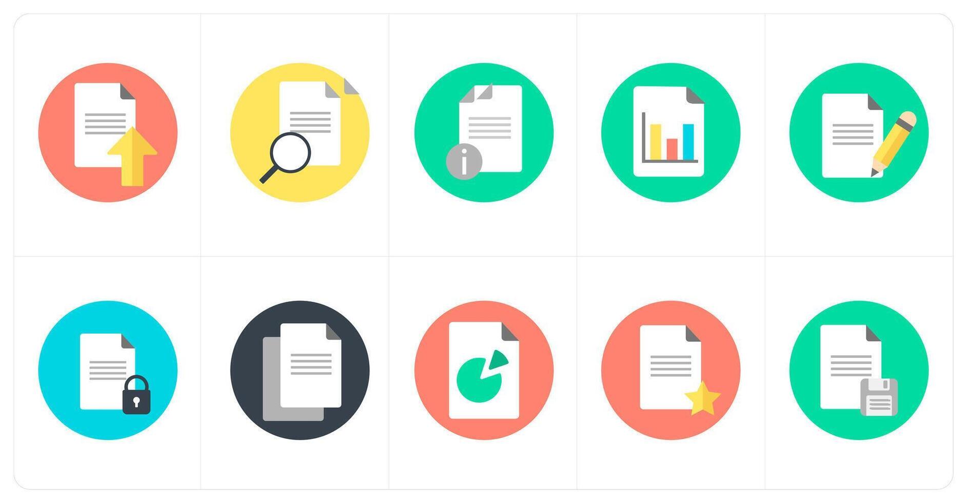 un conjunto de 10 mezcla íconos como subir documento, buscar documento, documento información vector