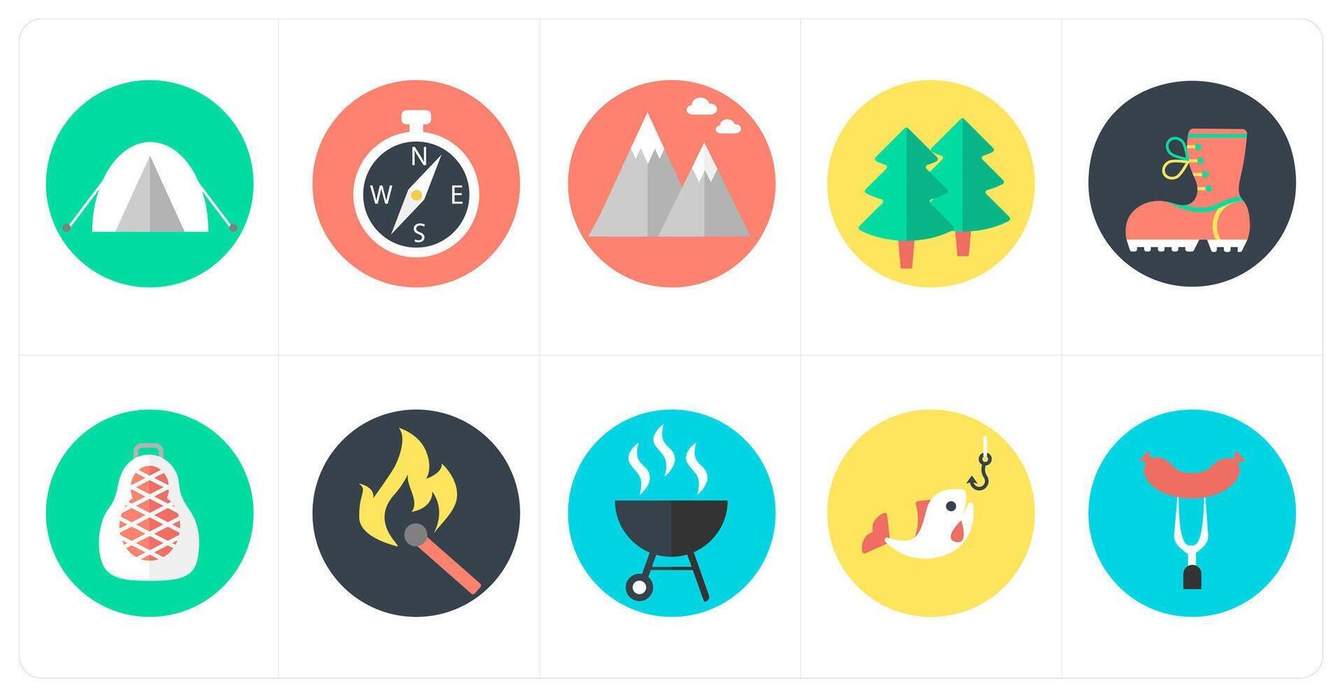 A set of 10 mix icons as camping, compass direction, hills vector