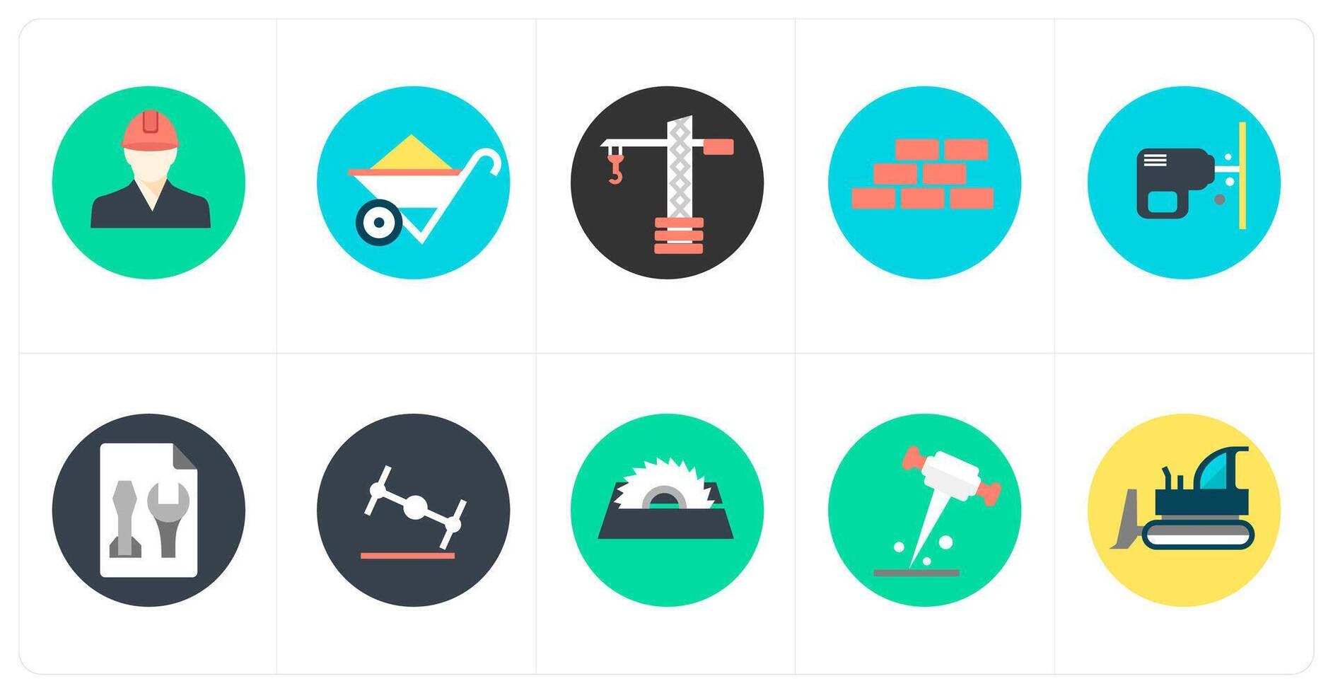 A set of 10 mix icons as engineer, wheel barrow, crane vector