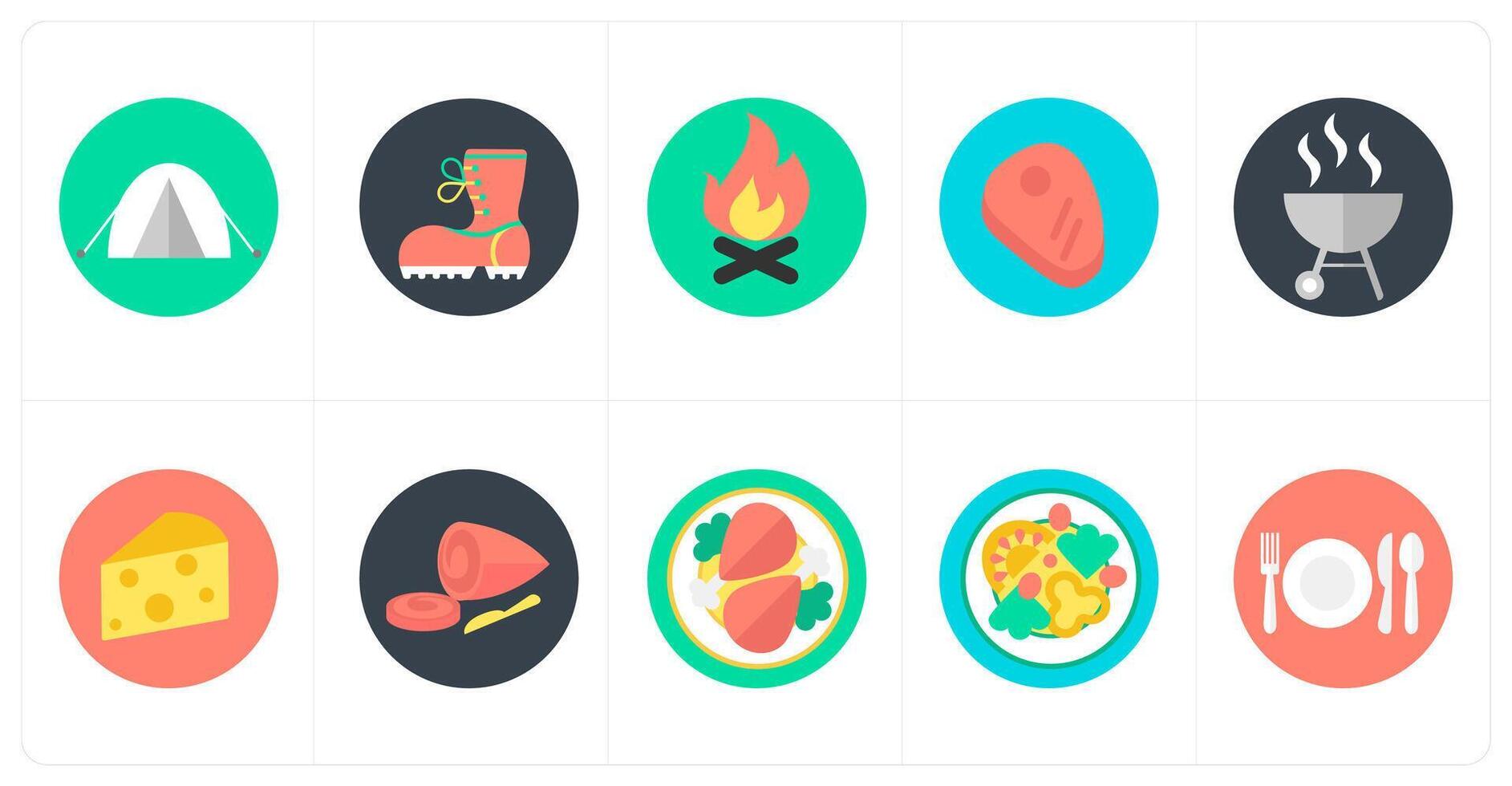 A set of 10 mix icons as camping, hiking shoes, bonfire vector