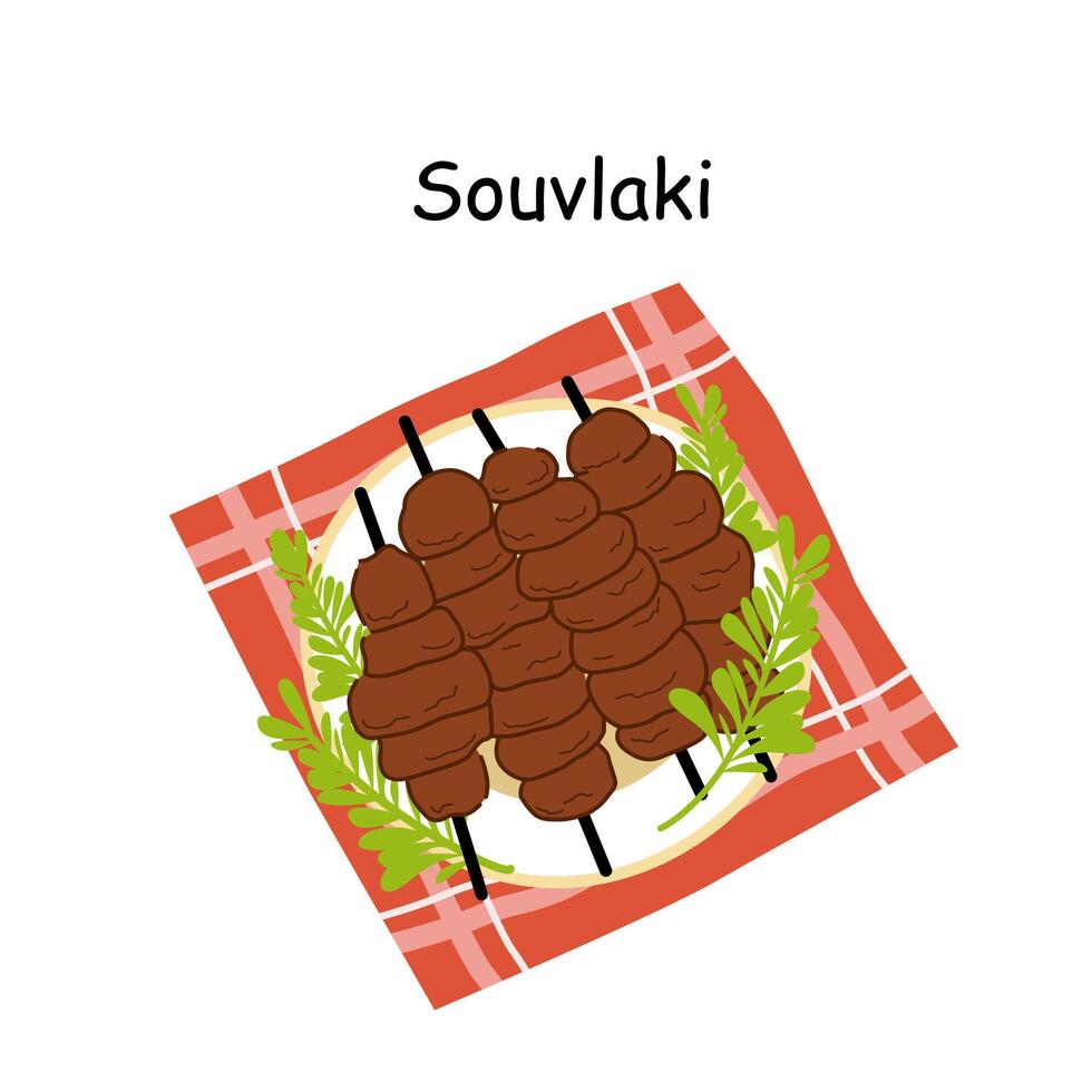 Souvlaki. Greek cuisine. Traditional tastes. Small pieces of meat, strung on small wooden skewers and greased with voguilla vector