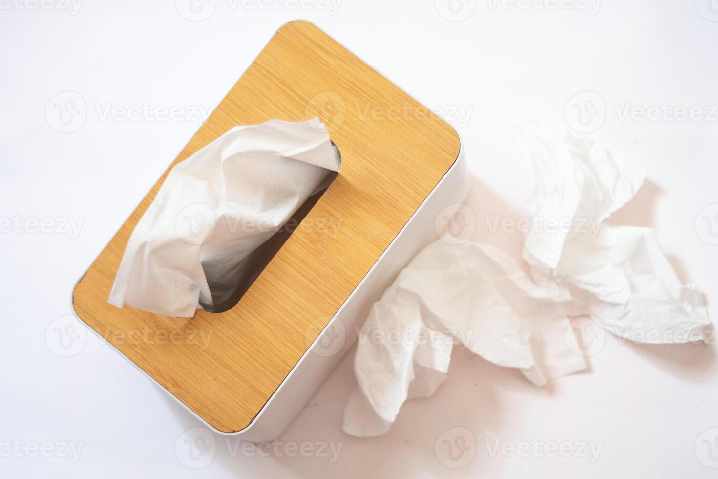 Holder with paper tissue on white background, top view. Space for text photo