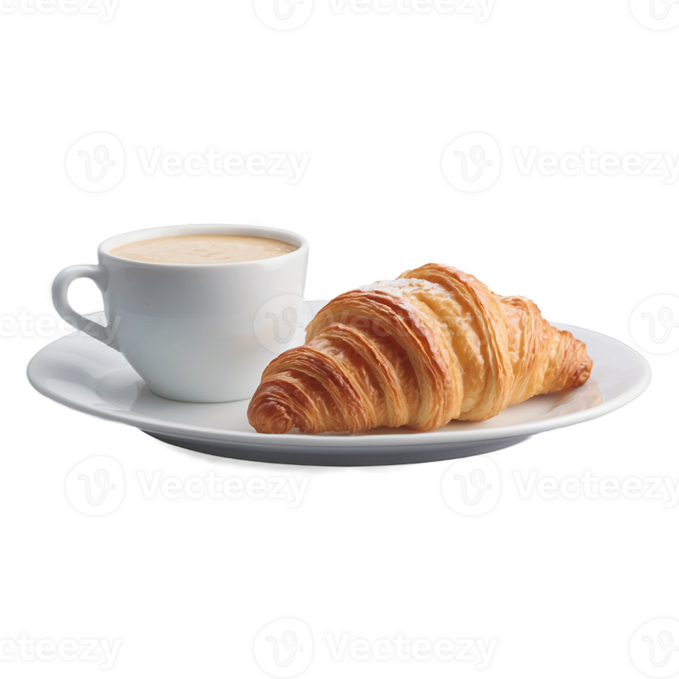 Golden Flaky Croissant with Latte on a White Plate, with a clean and transparent background. Breakfast Delight. png