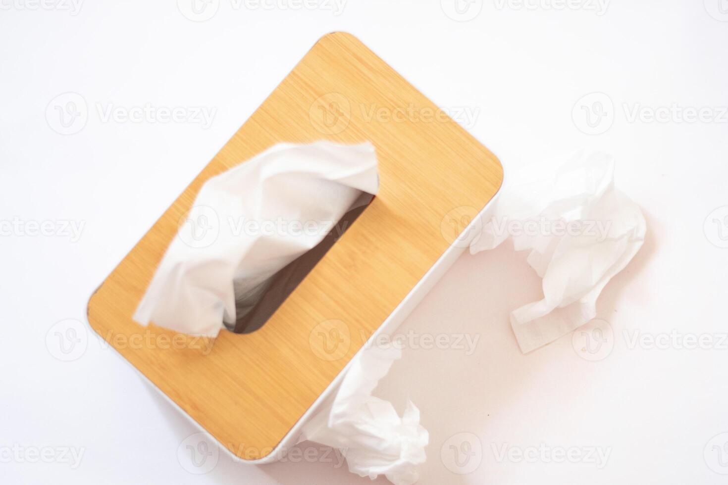 Holder with paper tissue on white background, top view. Space for text photo