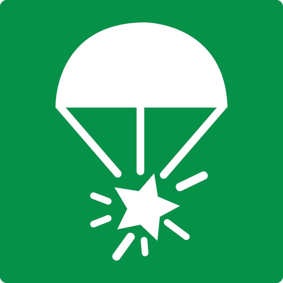 Green sign parachute flares. Designations the place storage signal flares. Rockets with a parachute for slow descent and attracting attention at a long distance. Iso 7010. vector