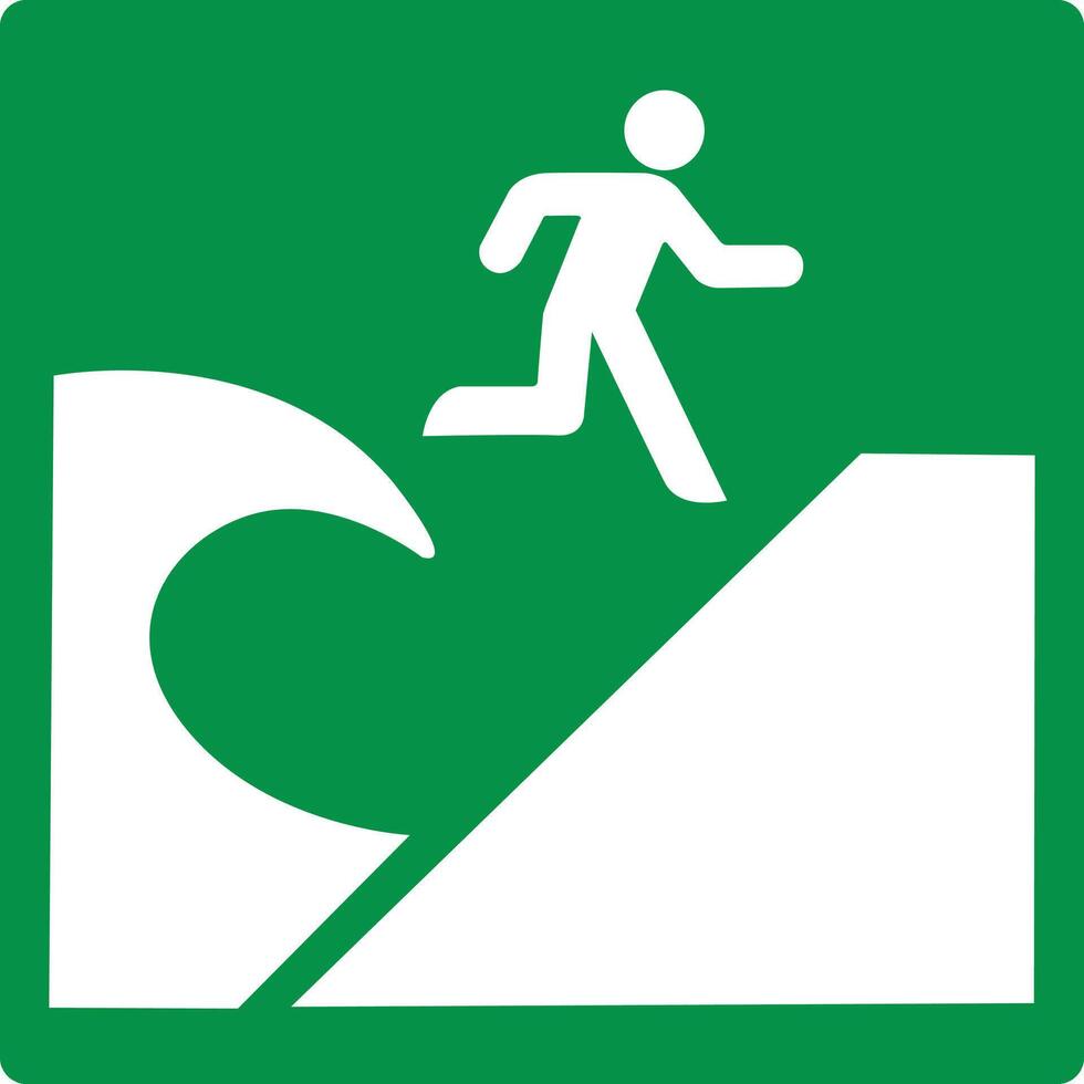 Green sign tsunami evacuation area. Designation the route for moving people to a safe place, located outside the reach waves in case a tsunami threat. Iso 7010. vector