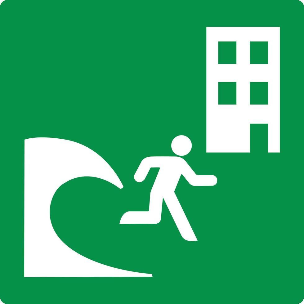 Green sign tsunami evacuation building. Indicates the location a safe building or structure intended to provide shelter to people in the event a tsunami threat. Iso 7010. vector