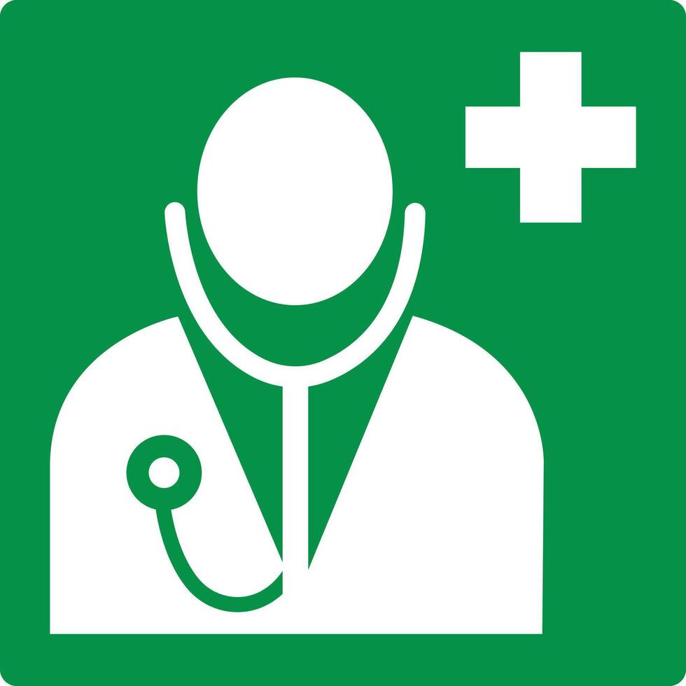 Green sign doctor. First aid doctor. Physician first aid. Designations the location of medical personnel who can provide first aid in an emergency. Ensuring safety and health. Iso 7010. vector