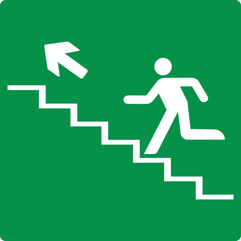 Green sign evacuation exit up steps. Designations location emergency evacuation exit. Quick and safe exit from a building or facility in case emergency. Direction a safe area. Iso 7010. Fire exit. vector