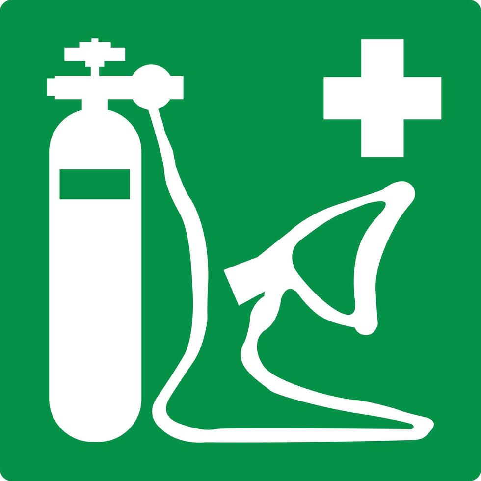 Green sign oxygen resuscitator. Indicates the location equipment for emergency oxygen resuscitation. Help for people experiencing oxygen deficiency. Iso 7010. First aid equipment. vector