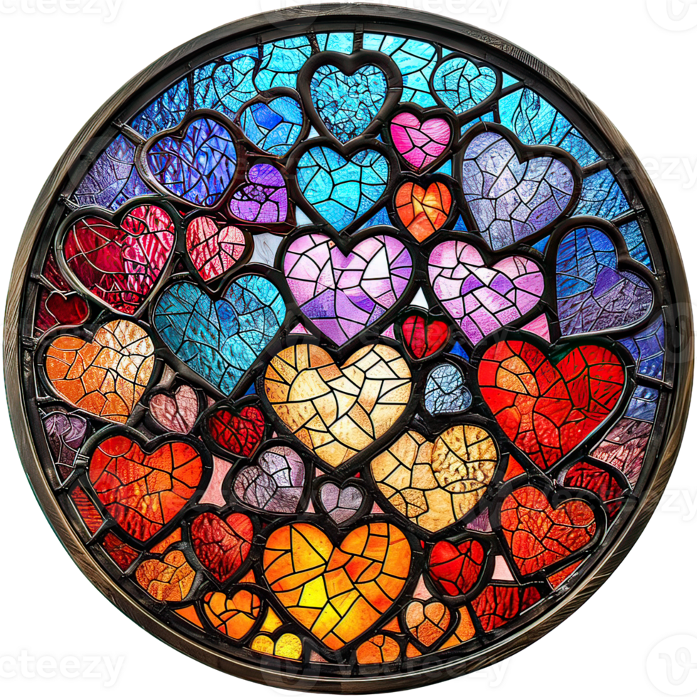 A circular stained glass window with many hearts png