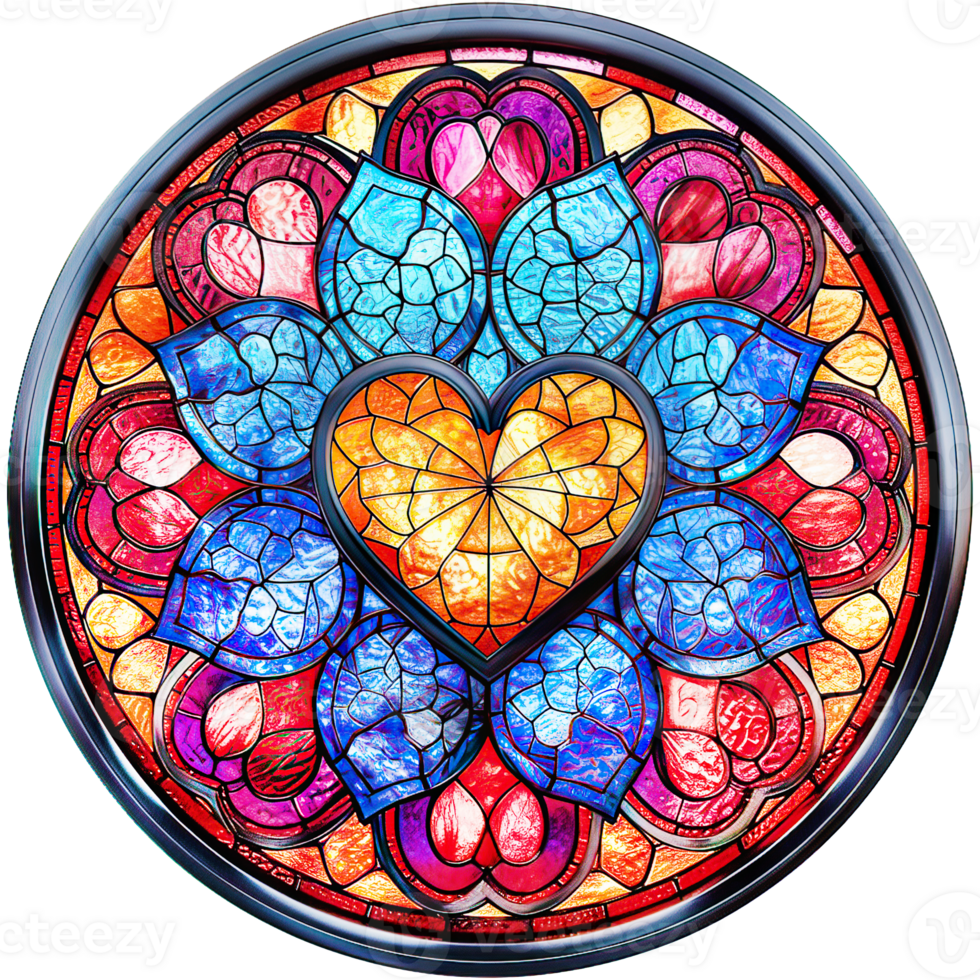 A colorful stained glass heart in a circular shape png