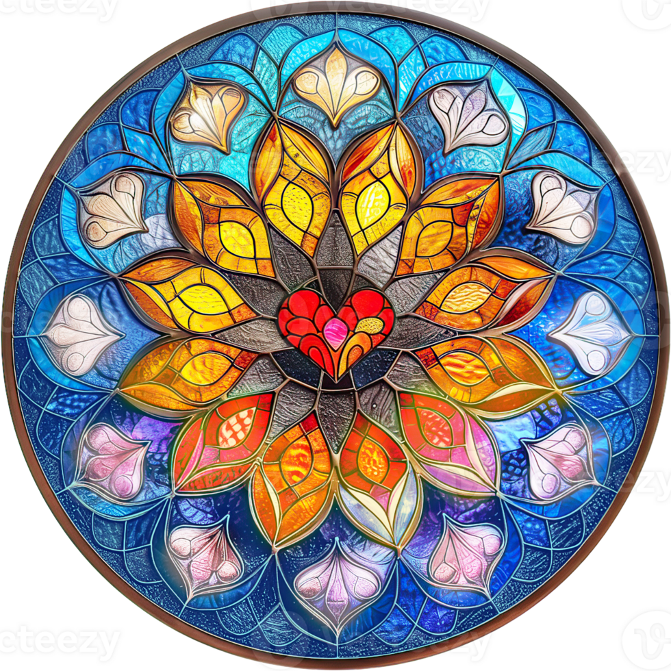 A circular stained glass window with a heart in the center png