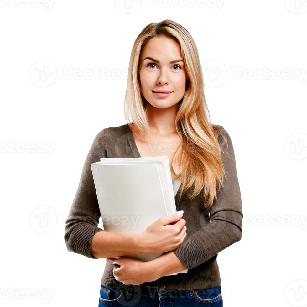 a woman holding a folder with a paper in her hand. png