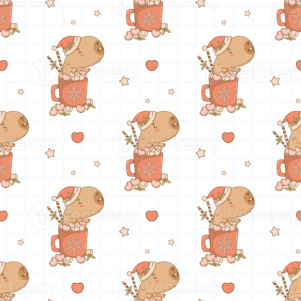 Christmas Seamless pattern Capybara Santa in cup Cocoa with Marshmallows on checkered background png