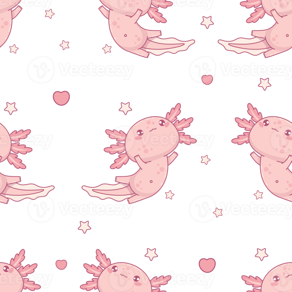 Seamless pattern with cute pink Axolotl with heart. png