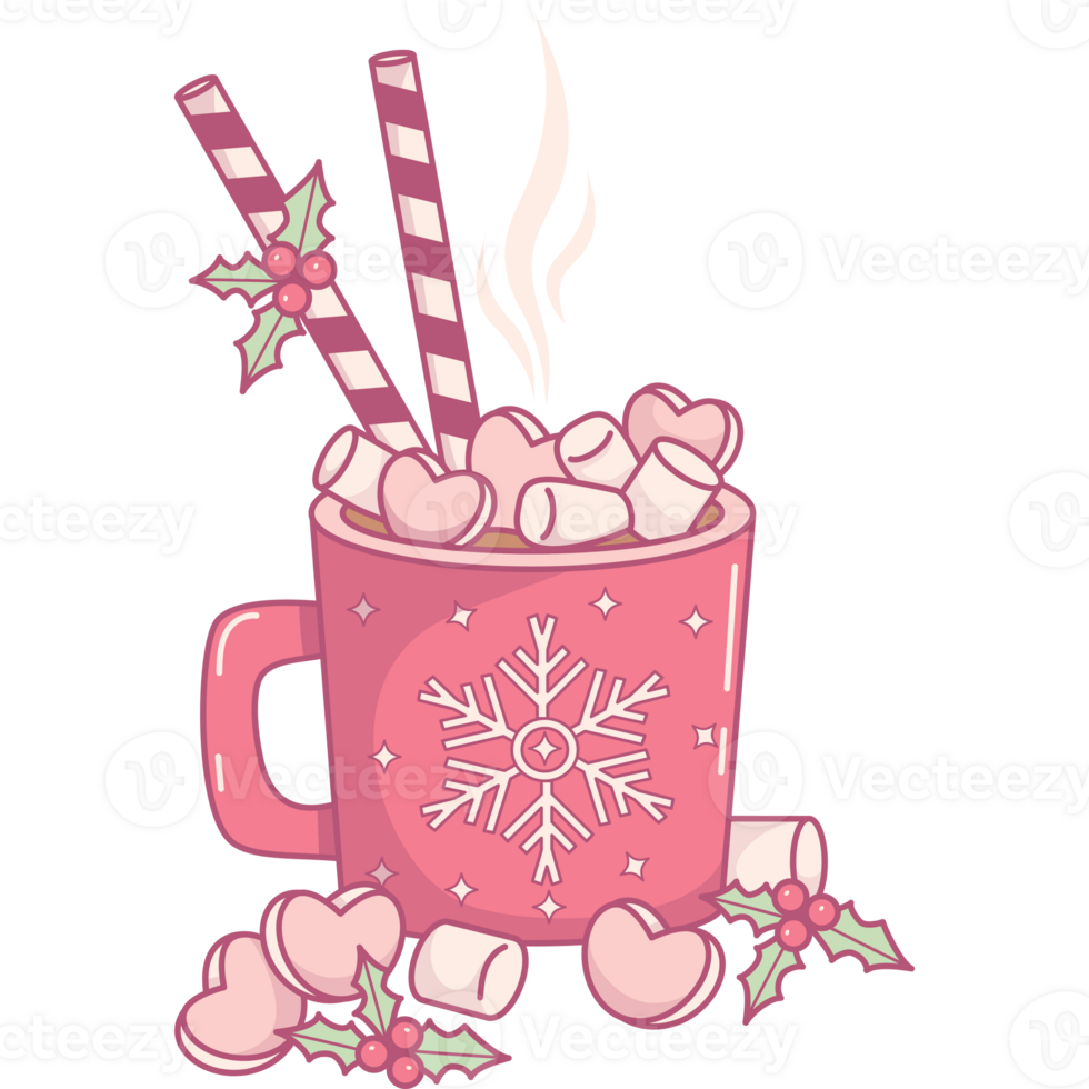Christmas cup Hot Cocoa with Marshmallows hearts, with candy and holly png