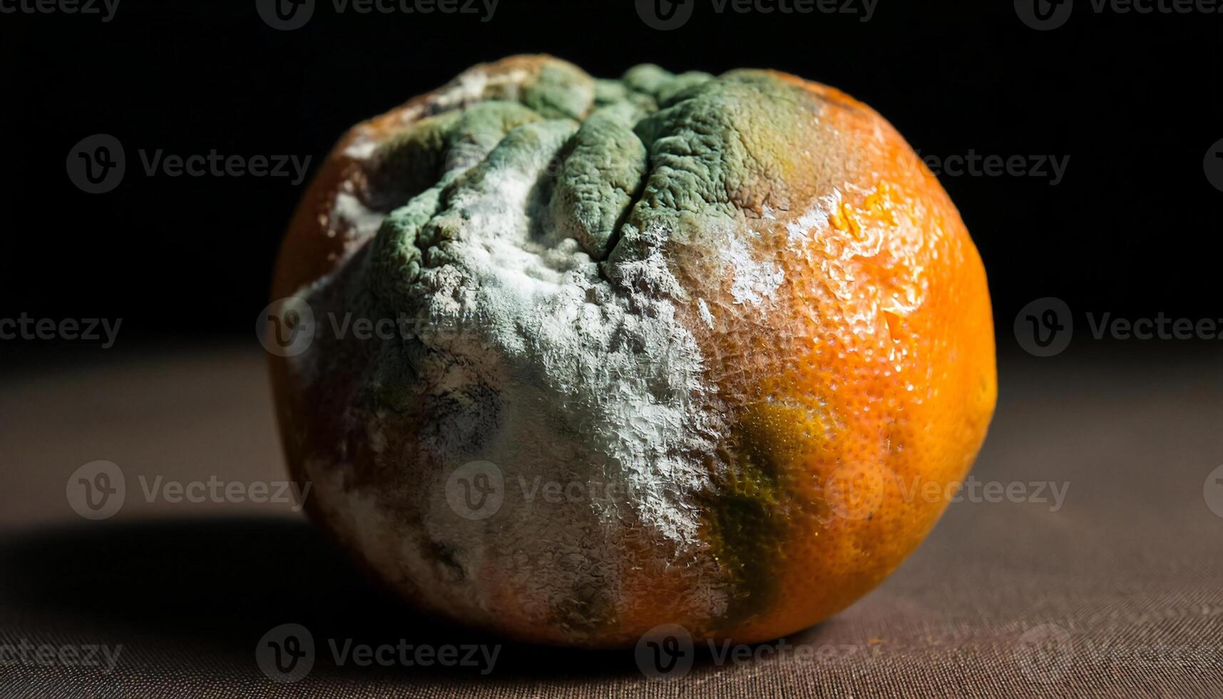 macro shot of a decayed orange with wrinkled skin and prominent white and green mold under dramatic lighting photo