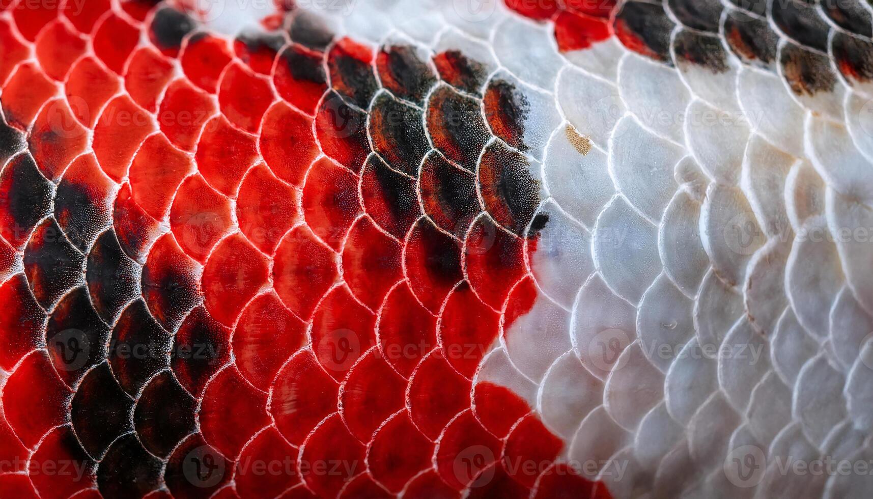 Macro view of koi fish scales with red, white, and black patterns photo