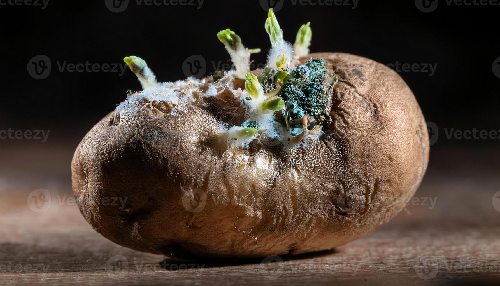 detailed shot of a moldy potato with sprouting eyes and green fungal growth, showcasing decay and natural decomposition in close-up photo