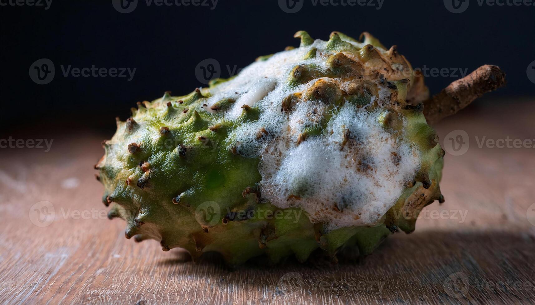 close-up of a spoiled soursop with soft spots and white mold spreading across its spiked green surface photo