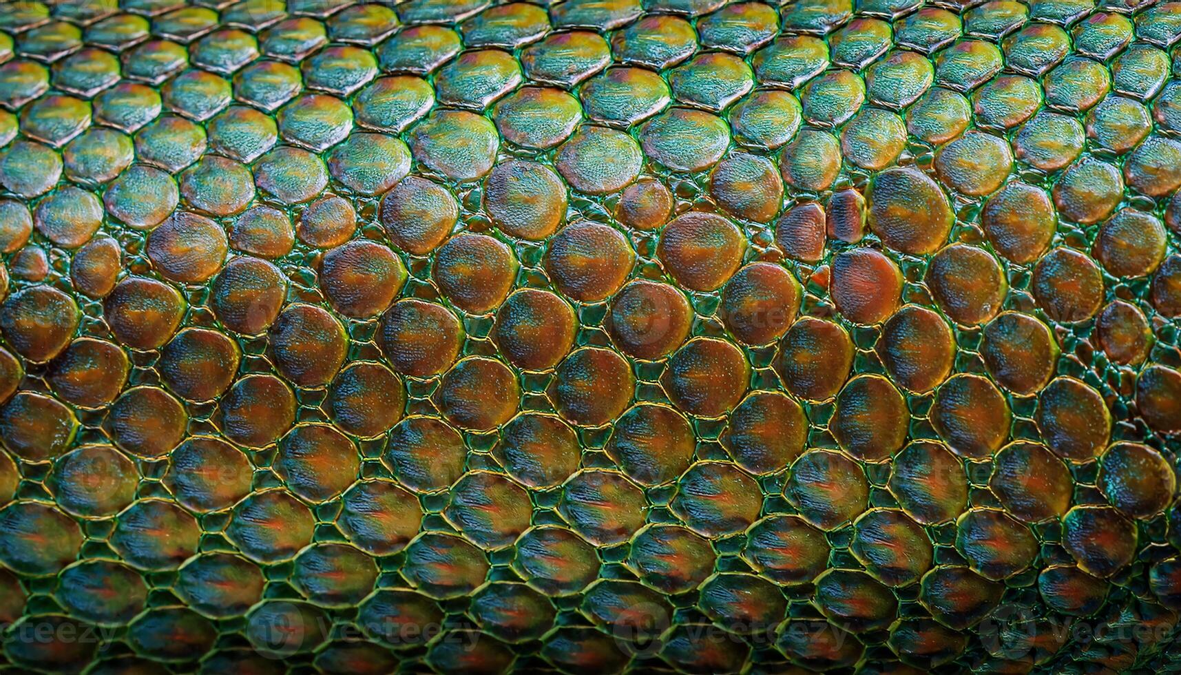 close-up of vibrant green and orange lizard skin featuring overlapping scales with iridescent textures and natural patterns photo