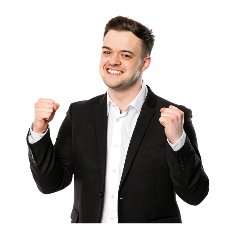 Confident Businessman in Formal Attire Celebrating Big Wins png