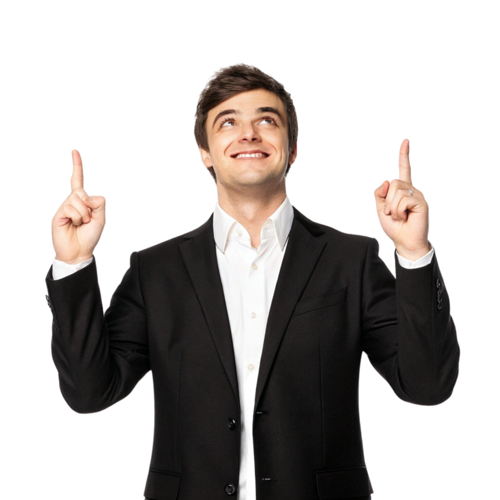 Young Businessman Pointing Up with Both Hands png