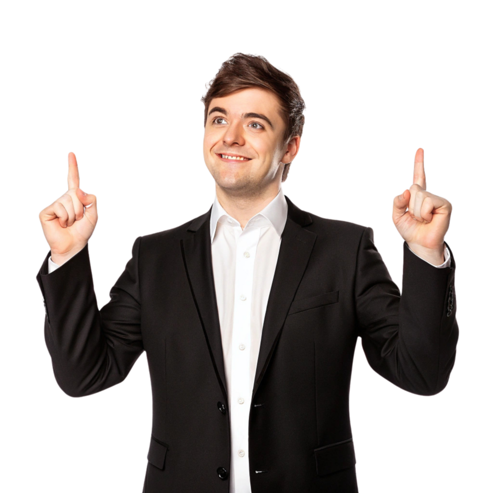 Motivated and Smiling Businessman Pointing Up with Both Hands png
