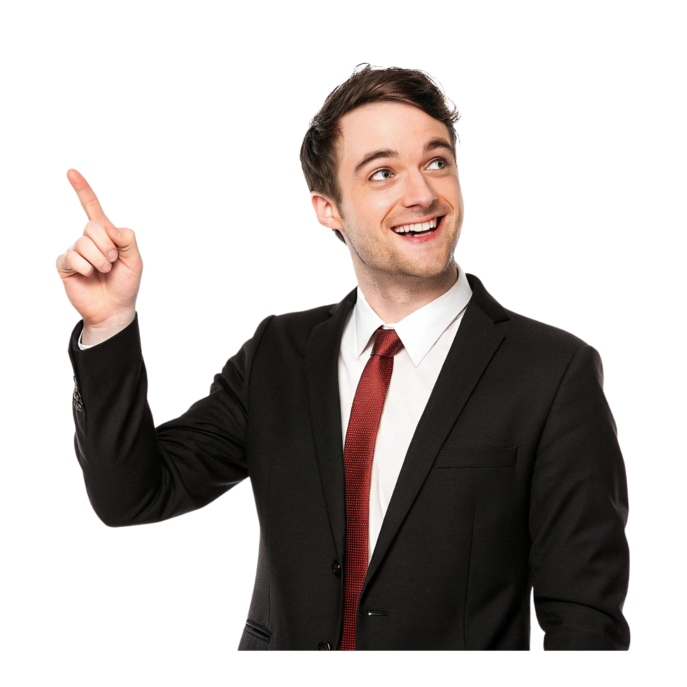 Happy Businessman in Formal Attire Pointing At Something png