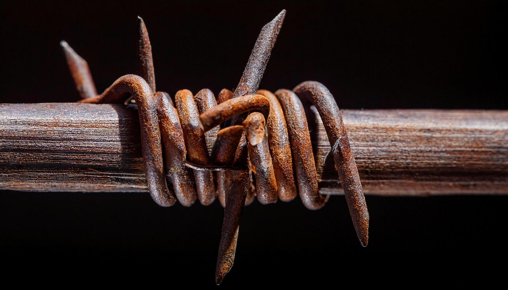 macro close-up of rusted barbed wire wrapped around a wooden rod with intricate texture and weathered detail photo