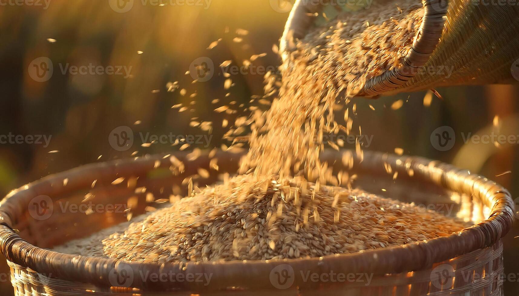 macro view of golden grains falling into a woven bamboo basket during harvest season with sunlight illuminating the scene photo