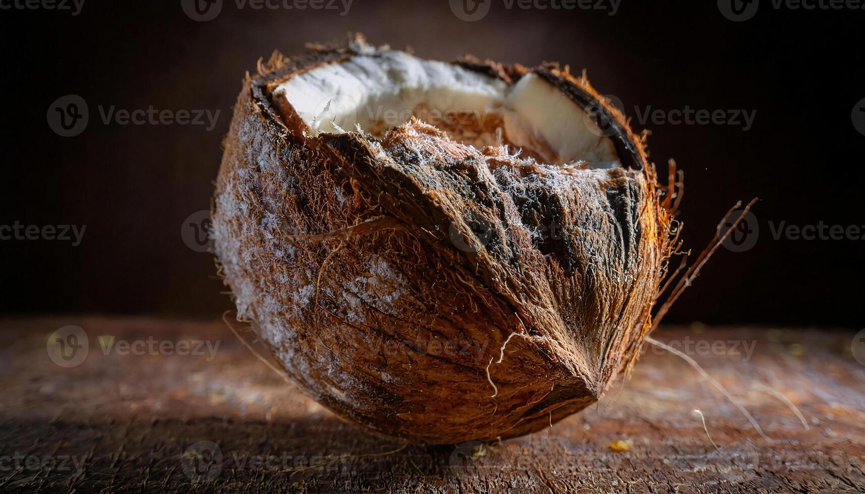 macro view of a rotting coconut with moldy outer shell and decayed interior on a wooden surface photo