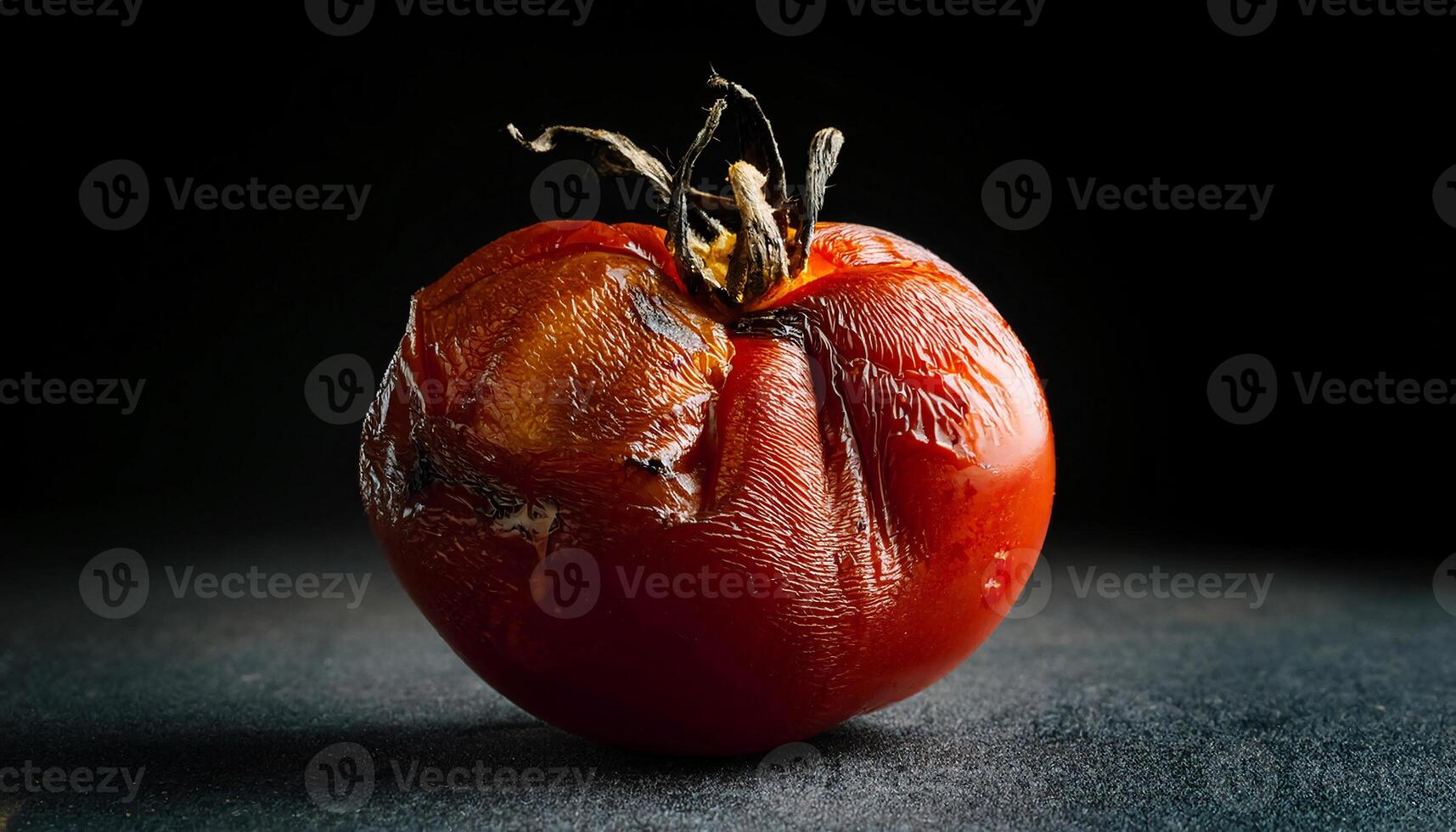 close-up of a rotting tomato with wrinkled skin and oozing juice under dramatic lighting photo