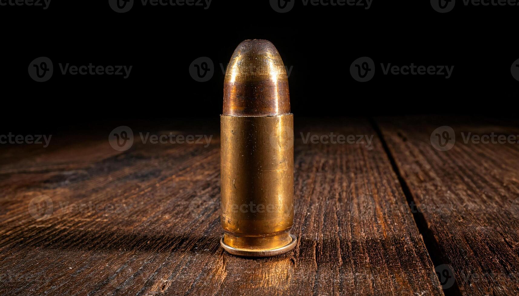 close-up of a vintage brass bullet casing with weathered patina on a rustic wooden surface photo