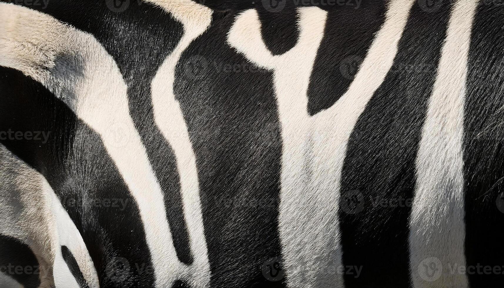 close-up view of zebra fur with contrasting black and white stripes in natural pattern and texture photo
