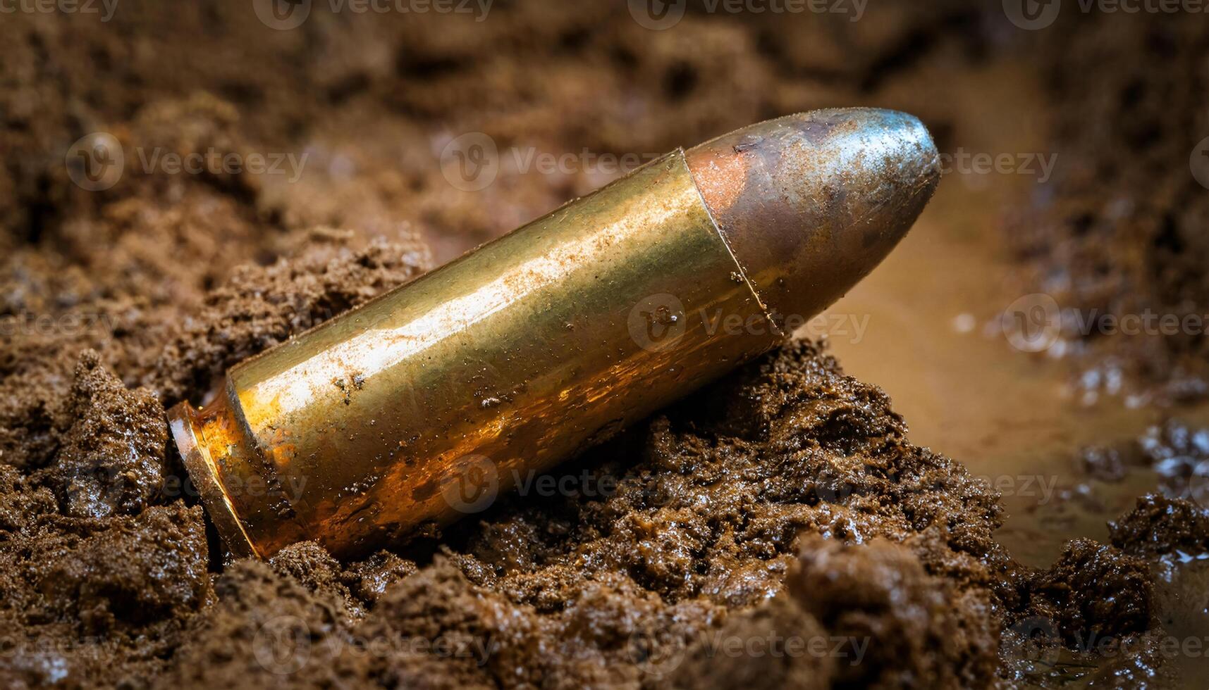 close-up of a bullet casing partially buried in muddy soil, showcasing tarnished brass and environmental impact in a wet terrain photo
