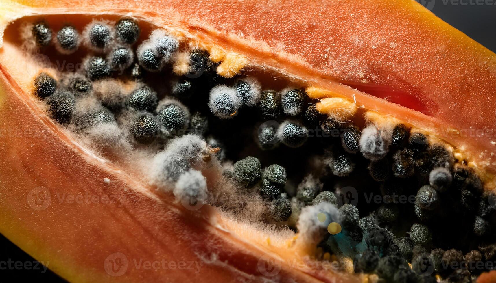 macro view of a moldy papaya slice with heavy fungal growth on seeds and discolored orange flesh under soft lighting photo
