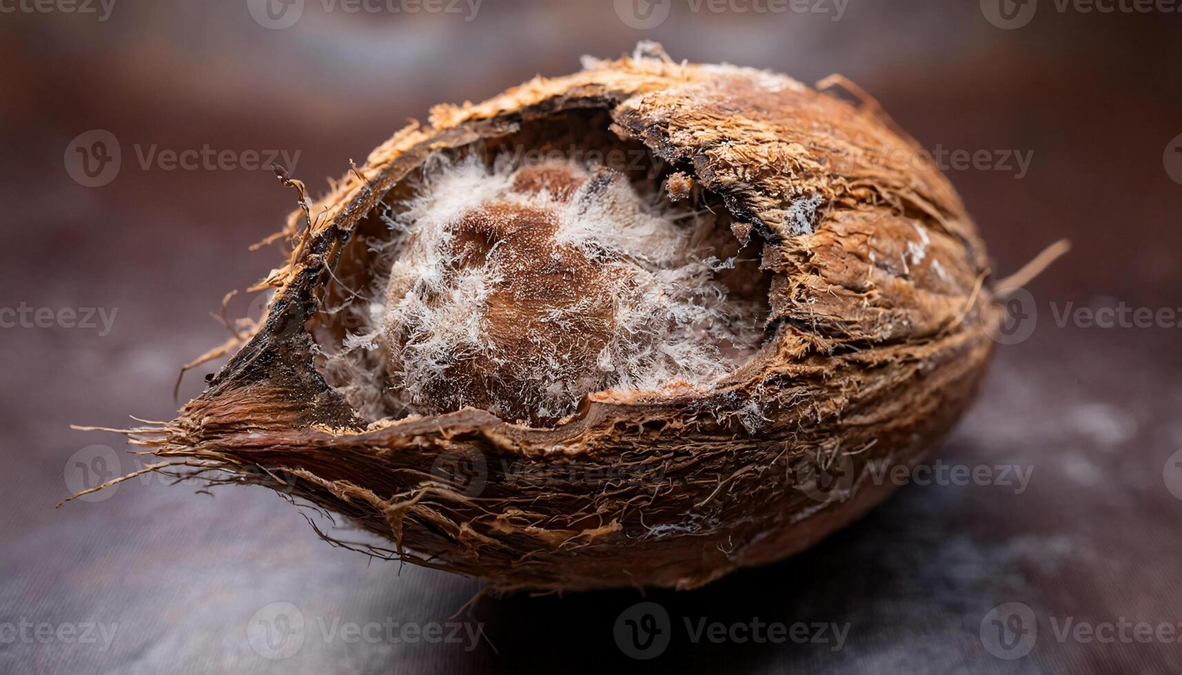 macro view of a rotting coconut with split shell and dense mold growth inside under soft lighting photo